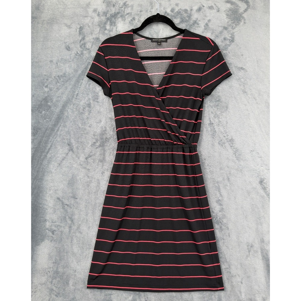 Banana Republic Dress Womens Size XS Striped Faux Wrap Office Surplus Black Pink